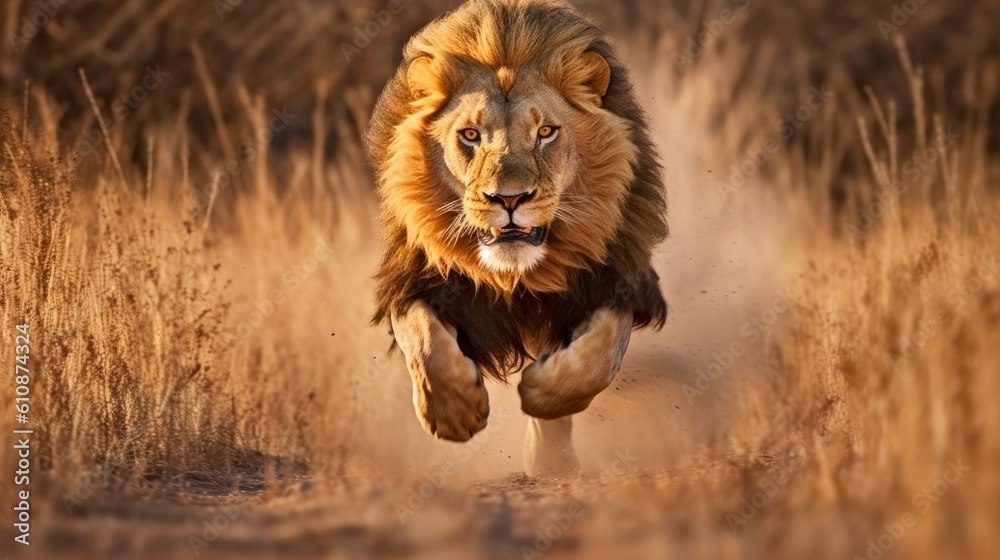Fototapeta lion in the wild jungle is running in fast speed ai image generative