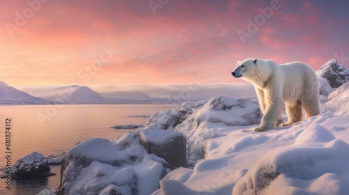 photo of polar bear standing on ice island near lake water and snowy mountains with pinkish clouds ai image generative