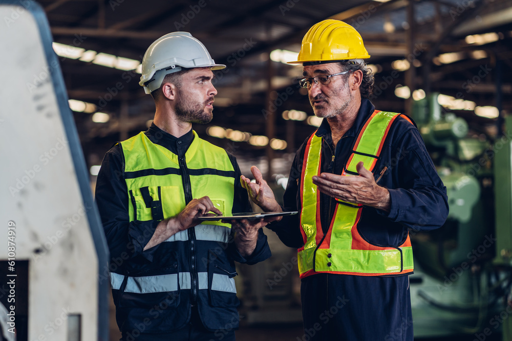 Workers Factory or Engineering work at factory site check up machine or products in site. Foreman or Technician checking Material or Machine on Plant. Heavy industry factory concept. Workers Factory or Engineering work at factory site check up machine or products in site. Foreman or Technician checking Material or Machine on Plant. Heavy industry factory concept.