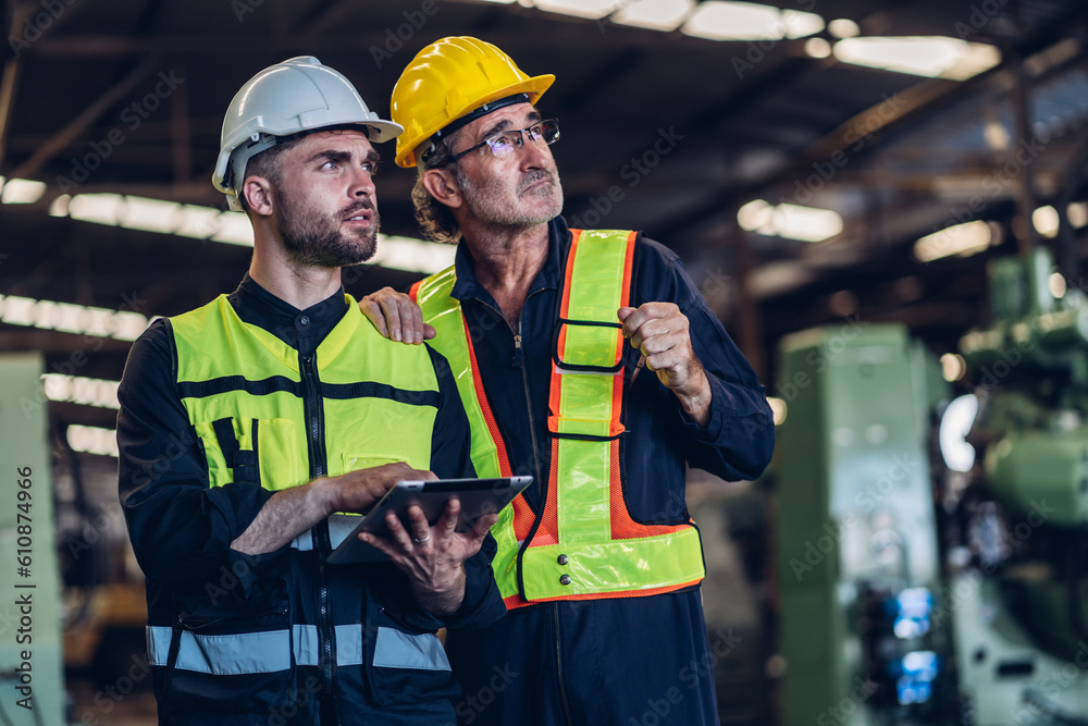 Workers Factory or Engineering work at factory site check up machine or products in site. Foreman or Technician checking Material or Machine on Plant. Heavy industry factory concept. Workers Factory or Engineering work at factory site check up machine or products in site. Foreman or Technician checking Material or Machine on Plant. Heavy industry factory concept.