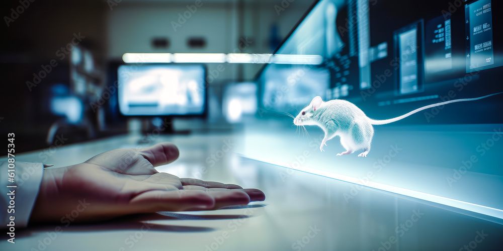 Captivating image of a man's hand holding a lab mouse, with a white-coated scientist in the background, evoking emotions on animal experimentation and research. Generative AI Captivating image of a man's hand holding a lab mouse, with a white-coated scientist in the background, evoking emotions on animal experimentation and research. Generative AI
