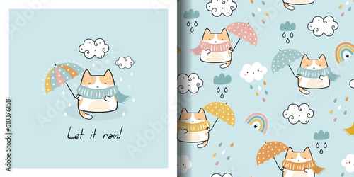 Funny Kawaii Cute Cat with umbrella fly in the sky. Cartoon card and seamless pattern set. Childish Cartoon Animals Background. Vector illustration
