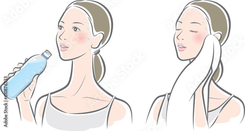 暑さ対策.　女性.　熱中症.　水分補給.