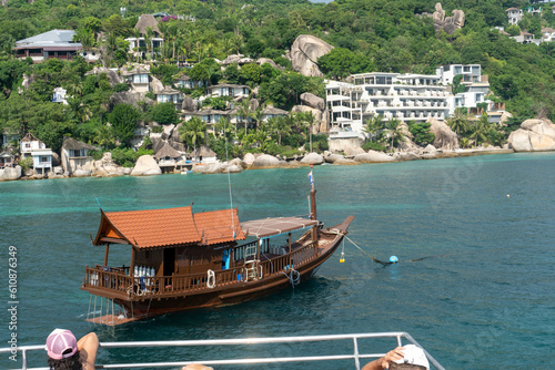 View on the coastline and on boat on Koh Tao island, Thailand.