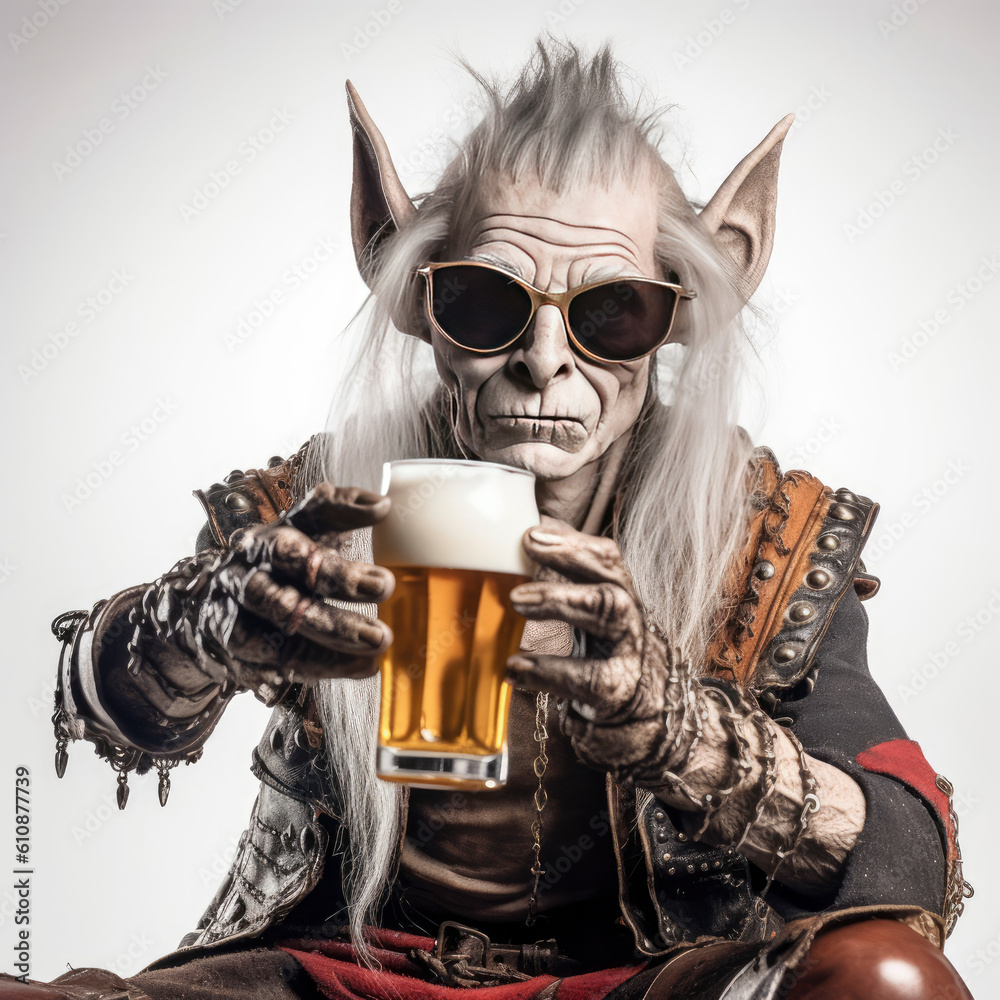 a goblin drinking beer, elf, gnome a goblin drinking beer, elf, gnome