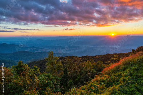 Tropical forest nature landscape sunset view with mountain range at Doi Inthanon, Chiang Mai Thailand