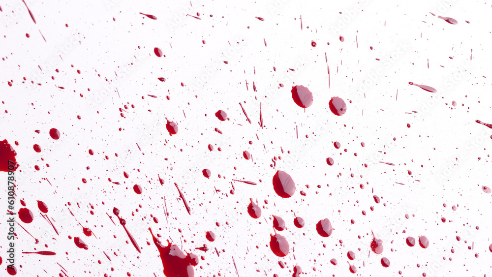 Many drops of red blood spread on white background, murder violence concept.