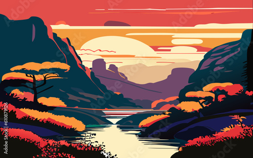 A natural forest rich with sunsets, forests, water and animals. Generative AI