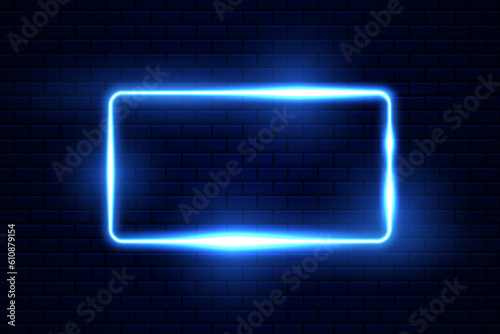 Vector square frame blue neon light on dark blue overlap design on brickwall background.