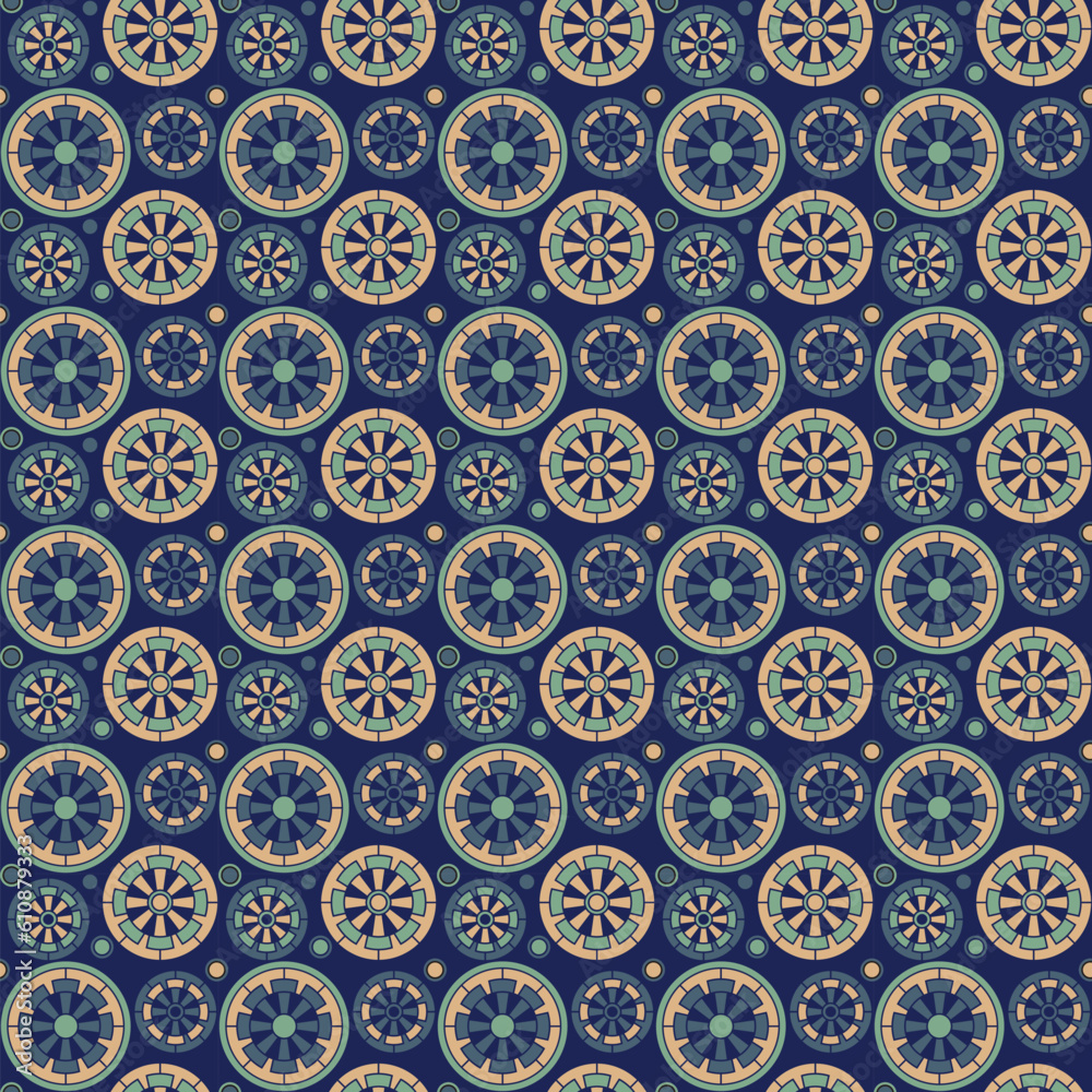 Abstract trendy seamless pattern rotary wheel rotate round circle  repetition navy blue fabric fashion wallpaper background vector Stock Vector