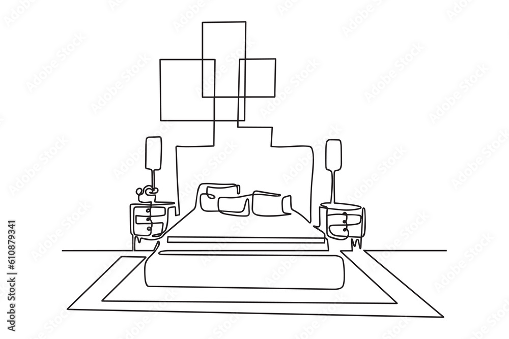 Continuous linear pattern of a double bed with bedside tables. Modern loft-style bedroom furniture in a minimalist one-line style. vector illustration in the style of doodles. Continuous linear pattern of a double bed with bedside tables. Modern loft-style bedroom furniture in a minimalist one-line style. vector illustration in the style of doodles.