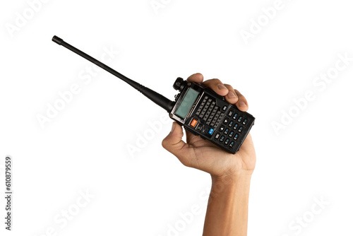 Black male hand holding a walkie-talkie isolated on white