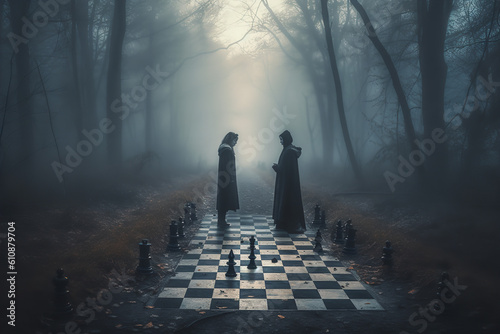 Foto two people play chess in the forest Generative AI