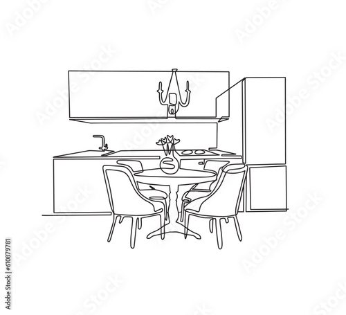 Interior sketch of kitchen room. Outline blueprint design of kitchen with modern furniture. The kitchen is one line.
