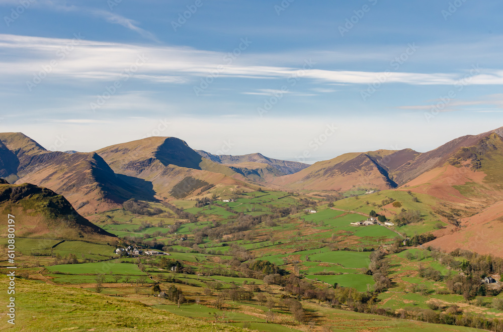 Beautiful green mountains in Lake District, England, UK. Loft Crag, Pike O'Stickle