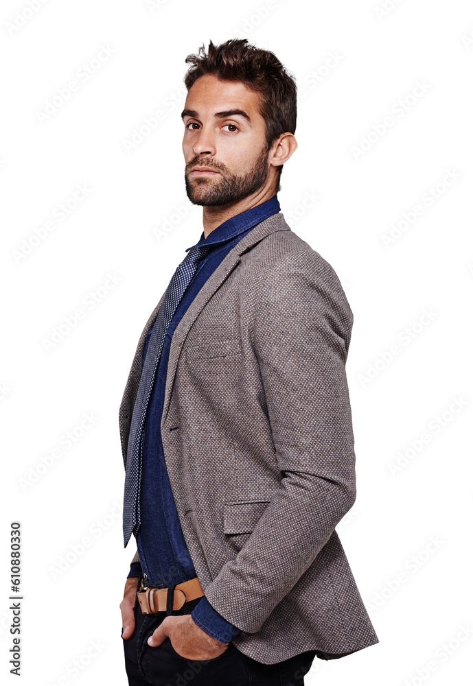 Fototapeta premium Portrait, serious fashion and man in suit standing isolated on a transparent png background. Cool, model and confident person with hand in pocket from Australia in stylish, trendy and classy clothes.