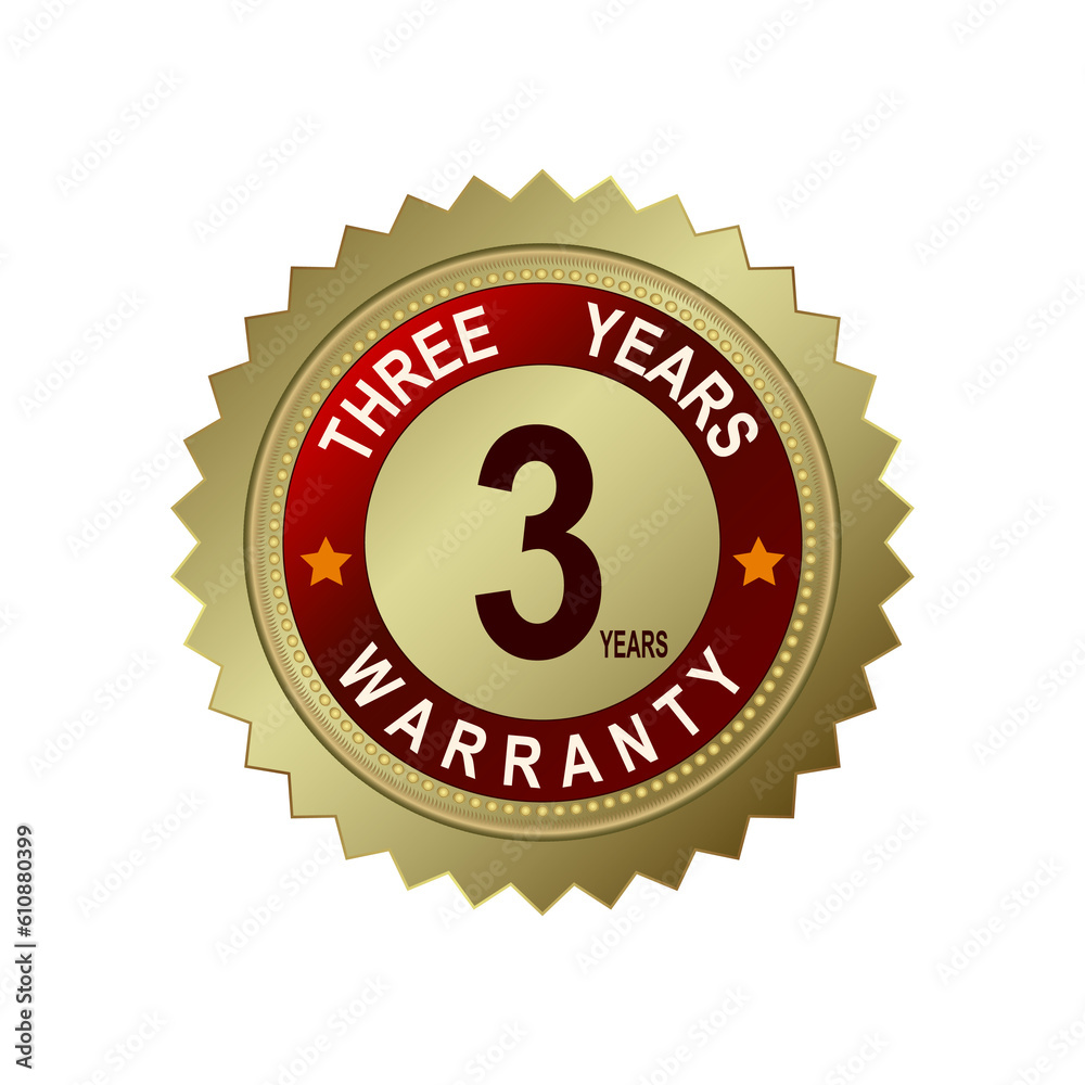 Fototapeta premium Round and rectangular emblems of golden color with text for three years of warranty