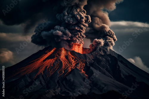 Realistic, huge, massive Volcano Eruption. A large volcano erupts hot lava and gases into the atmosphere at night time. Lava dangerous nature explosion. Generative AI Technology