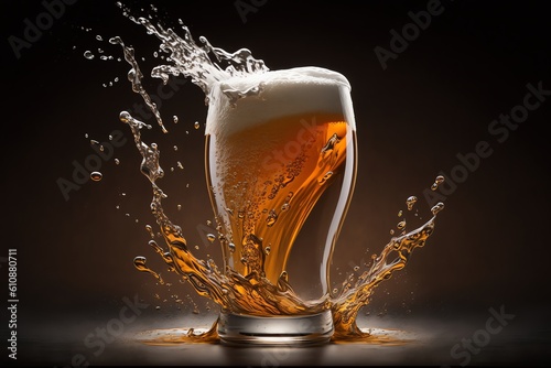 Glass of beer with splash. Beer splashes on dark background. Pouring beer. Generative AI