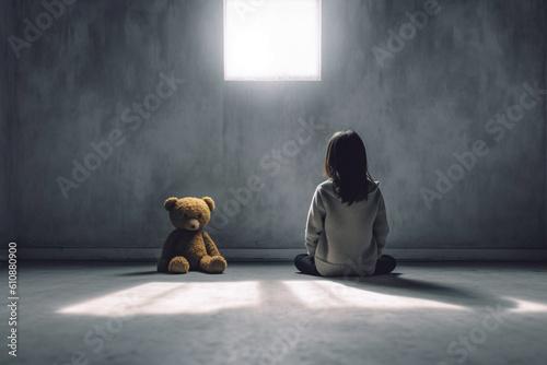 Murais de parede Girl sitting with teddy bear and facing an empty wall