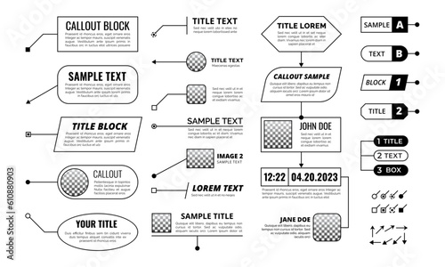 Callout titles. Text box with line arrows, lower third graphic. Infographics info shapes, textboxes. Call out vector isolated set