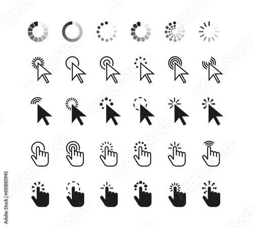 Pointer click cursor icon. Web outline pictogram cursors arrow, computer hand, finger and wait loading circle symbol. Digital website tools. Vector set