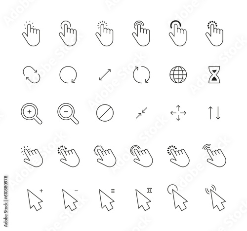 Click cursor icons. Computer clicking pointer icon arrow and hand, web sign internet globe, loading hourglass, touch app, interface tools. Vector set