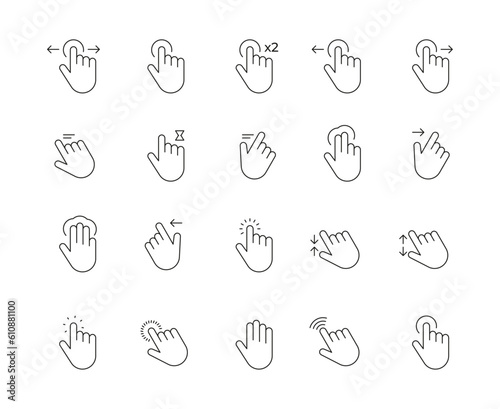 Web gesture hand icons. Simple icons with hand using smartphone, sign fingers touch, click, zoom, rotate, tap display. Touchscreen interface. Vector set