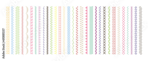 Sew stitch. Colorful seamless pattern brush embroidery thread seam, fabric sewing machine stitches line border, textile seam. Needlework. Vector set