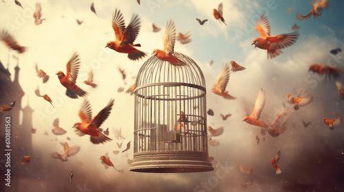 Leinwand Poster Bird cage empty, bird escape, freedom concept, Generative AI