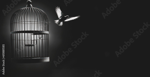 Fototapeta Bird cage empty, bird escape, freedom concept, Generative AI