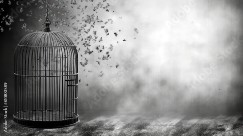 Bird cage empty, bird escape, freedom concept, Generative AI