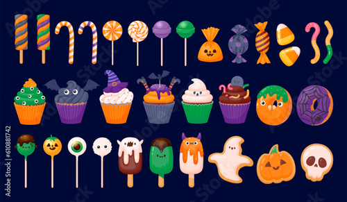 Halloween sweets. October holiday, kids autumn party. Trick or treat sweet candy, chocolate, pumpkin cookie, colorful lollipop, ghost cake. Vector set