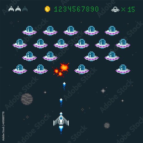 Screen of space arcade in 8-bit retro video game style. Space battle of Spaceship vs UFO flying saucers with explosion. 8 bit pixel graphics vector illustration