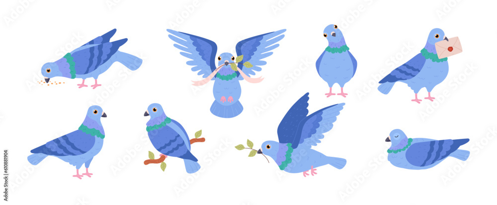 Set of blue pigeons flat style, vector illustration Stock Vector