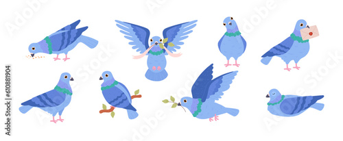 Set of blue pigeons flat style, vector illustration