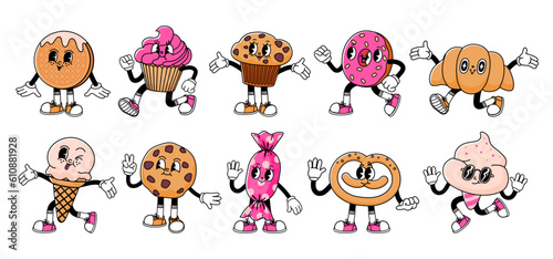 Retro dessert character. Cute cartoon mascot sweets, smile walking sweet food, funny face ice cream, vintage cupcake, donut and wafer, bakery characters vector set