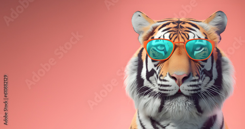 Creative animal concept. Tiger in sunglass shade glasses isolated on solid pastel background, commercial, editorial advertisement, surreal surrealism. 