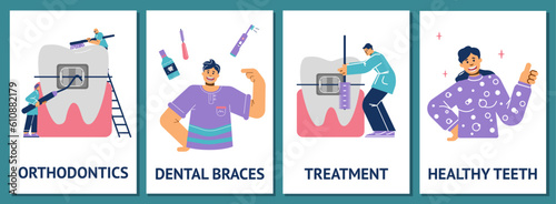 Set of vertical banners or posters about orthodontic treatment flat style