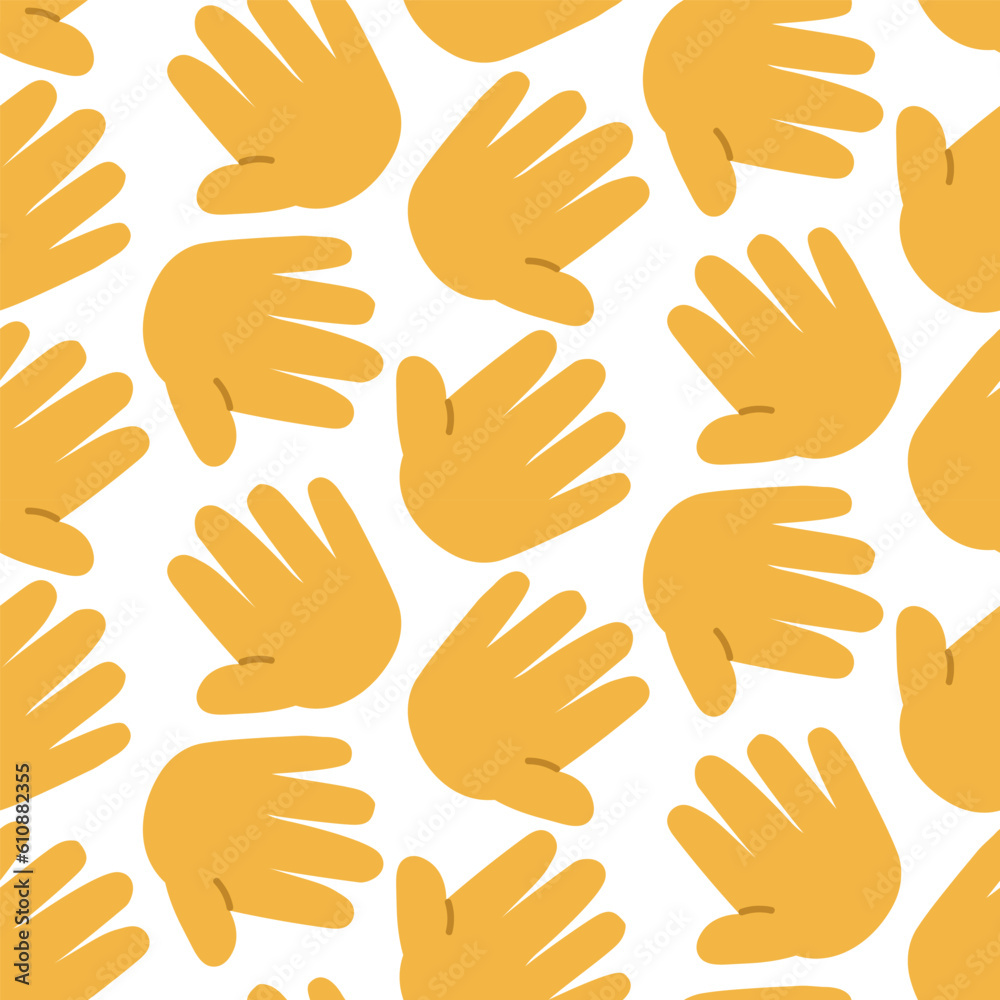 Obraz premium A pattern with a large yellow rounded cartoon hand that shows the palm. Give me five. Greetings, support. Lots of hands. Trendy print for fabric, paper, wallpaper for smartphones