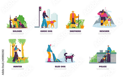 Set of assistance dogs in different situations flat style