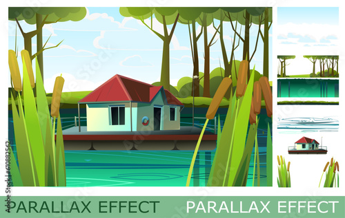 Floating house on lake. set of slides create parallax image layer. Cartoon style. Isolated on white background. Vector.