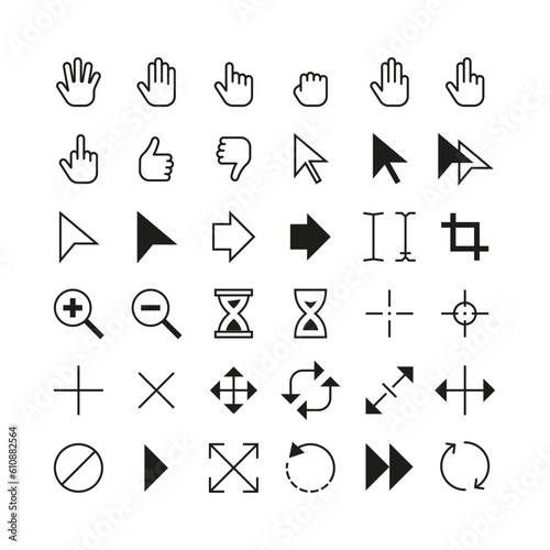 Pointer cursor. Mouse arrow icon pointers, black selection and edit tool cursors. Hand click, skip and swipe symbols editable stroke isolated vector set