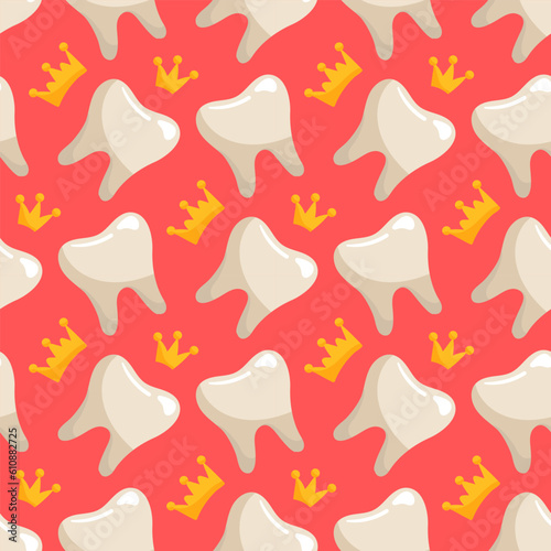 A pattern of simple teeth with a crown. Dentistry. The theme is teeth with a crown. Charming vector illustration. Pink background for tablecloth, fabric, wrapping paper. Seamless pattern