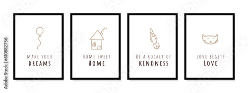 Charming kids wall art poster with adorable quotes, featuring balloons, houses, rockets, and cats. Playful vector print for children's rooms.