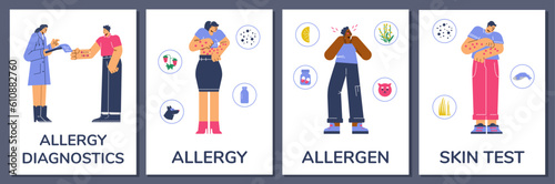 Allergy medical posters set, flat vector illustration.