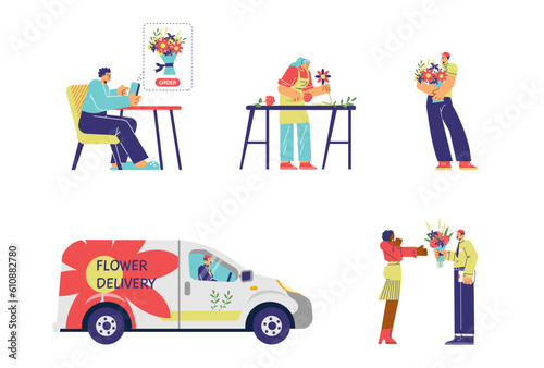 Scenes of flower delivery process - flat vector illustration isolated on white background.