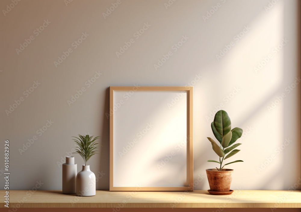 Home interior poster mock up with metal frame and plants or succulents on wall background. 3D style. Generative Ai. Home interior poster mock up with metal frame and plants or succulents on wall background. 3D style. Generative Ai.