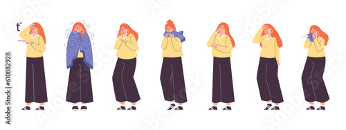 Cold and flu symptoms with female character flat vector illustration isolated.