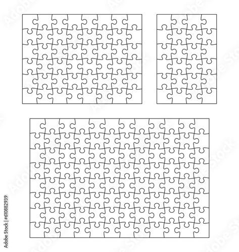 Puzzle. Jigsaw pieces 24, 48 and 96 template, puzzles shape blank grids schema. Editable stroke path vector set and jigsaw mosaic seamless pattern